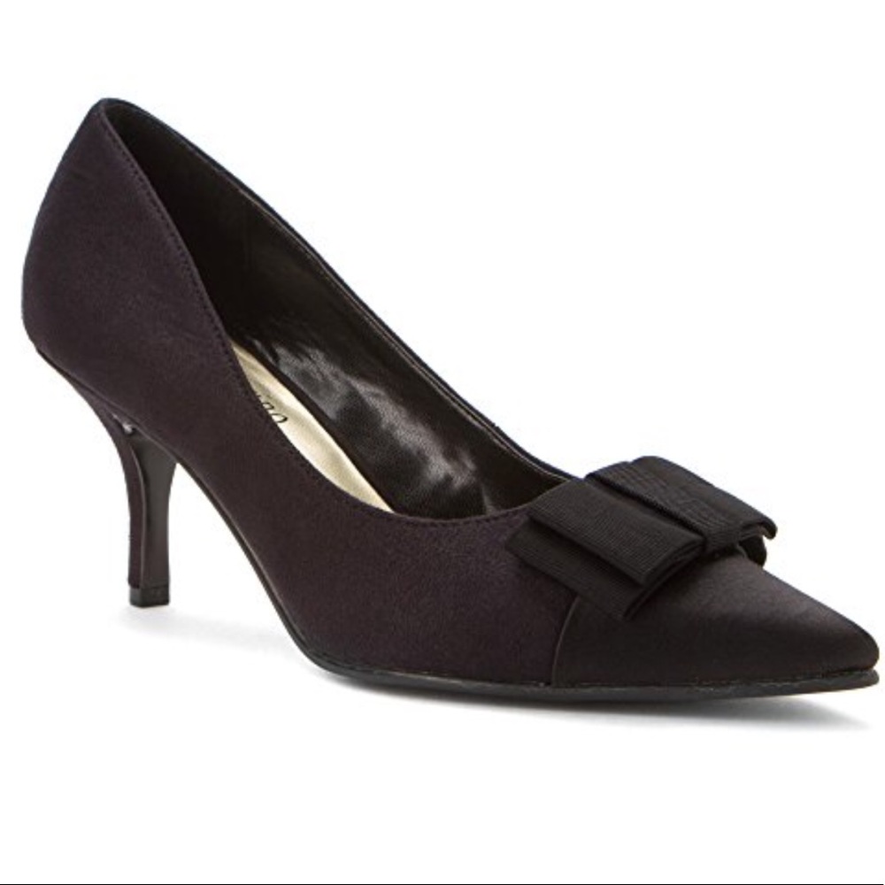 Black Satin and Suede Pumps with Grosgrain Bow 6.5